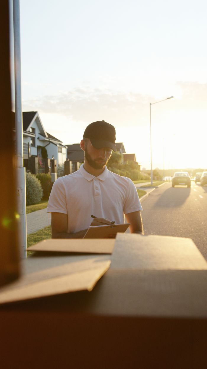 about-us-01 A courier in a cap signing papers for a delivery in a suburban neighborhood during sunset.