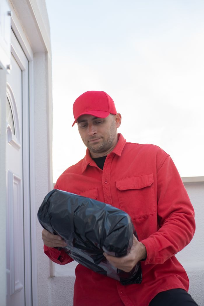 services-01 A delivery man in a red uniform holds a package at a residential door, showcasing a typical delivery scene.